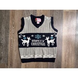 Merry Christmas Sweater Vest Mens Medium Blue‎ Reindeer Snowflake V-Neck Knit